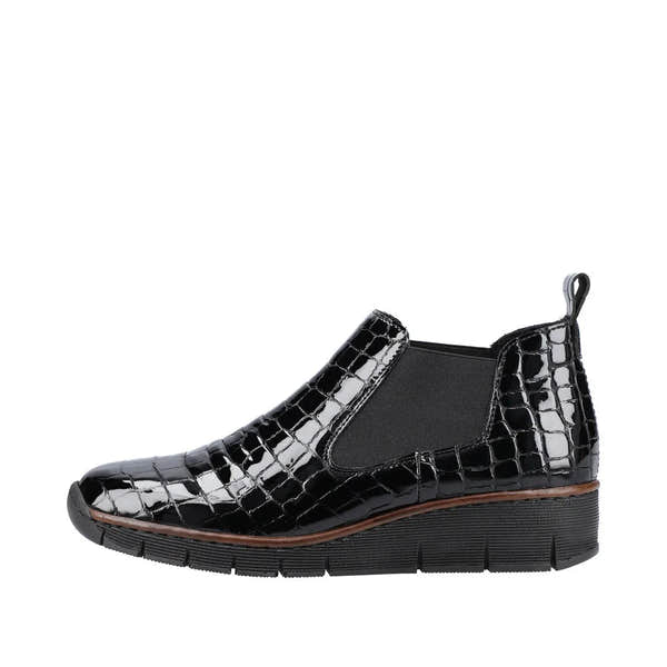 Rieker 53794-01 women's black crocodile leather slip-on ankle boots with pull tabs and textured sole.