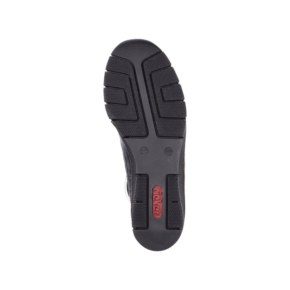 Rieker 53794-01 women's black croc leather pull-on ankle boots with textured sole and slip-on design.