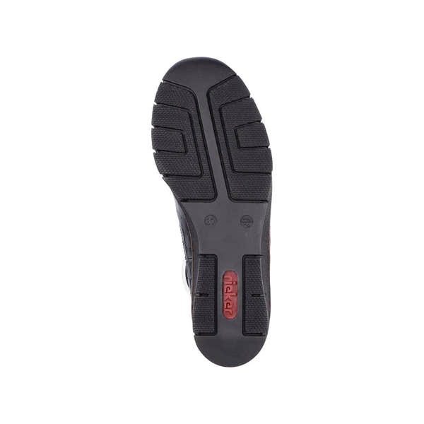 Rieker 53794-01 women's black croc leather pull-on ankle boots with textured sole and slip-on design.