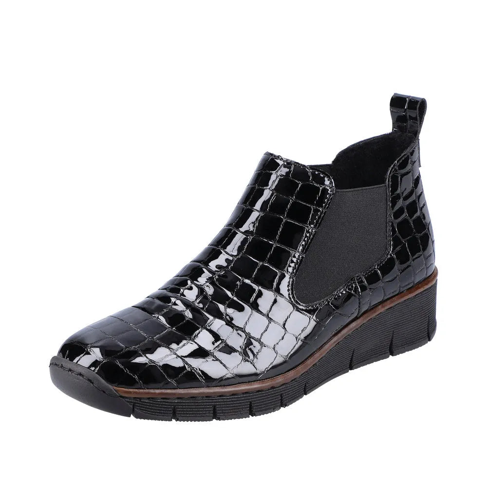 Rieker 53794-01 Ladies Black Croc Leather Pull-On Ankle Boots with elastic side panels and chunky sole.