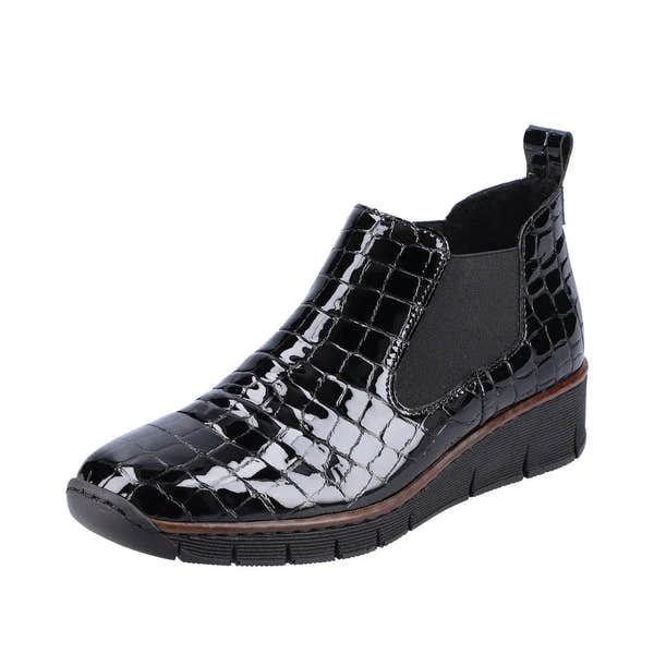 Rieker 53794-01 Ladies Black Croc Leather Pull-On Ankle Boots with elastic side panels and chunky sole.