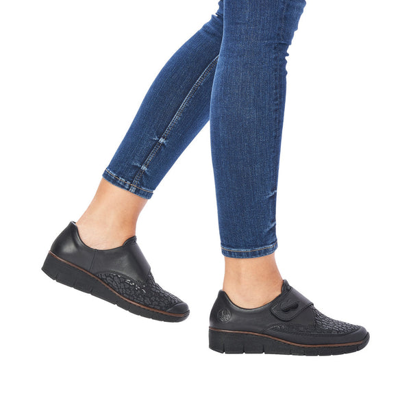 Rieker 537C0-00 Ladies Black Leather & Textile Touch Fastening Shoes-elevate your sole