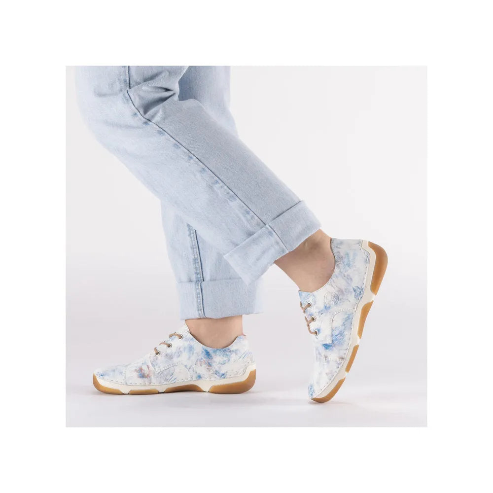 Rieker 55920-90 Ladies Blue Multi Lace-Up Sneakers with cushioned sole and casual style.
