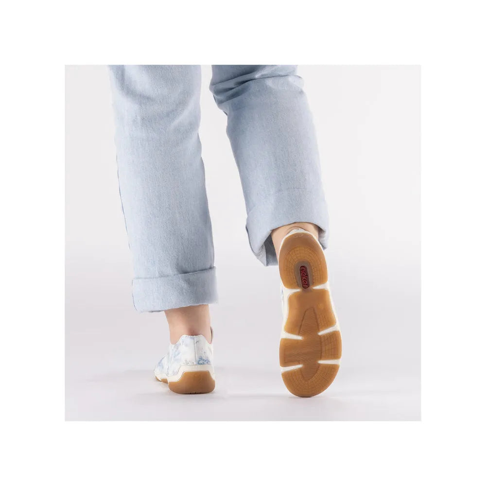 Rieker 55920-90 women's blue multi lace-up casual sneakers with rubber sole, comfortable and stylish footwear.