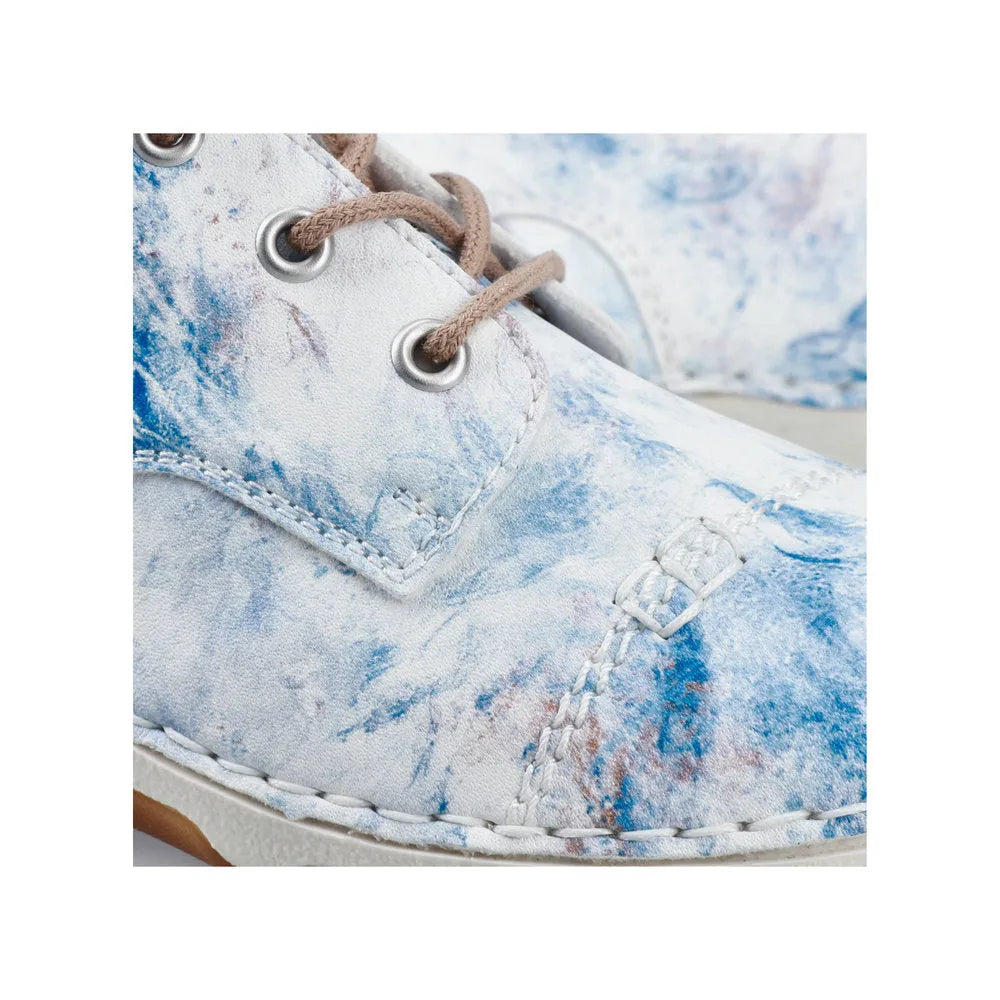 Rieker Ladies Blue Multi Lace-Up Shoes with distressed watercolor design and beige shoelaces.