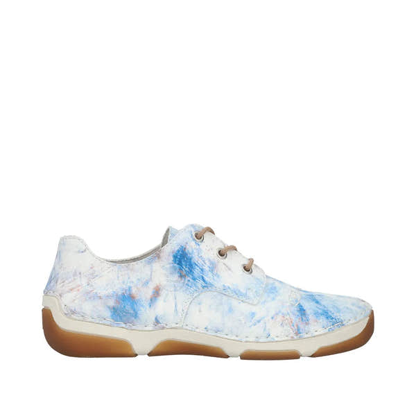 Rieker 55920-90 women's blue multi lace-up casual shoes with a printed design and gum sole for comfort.