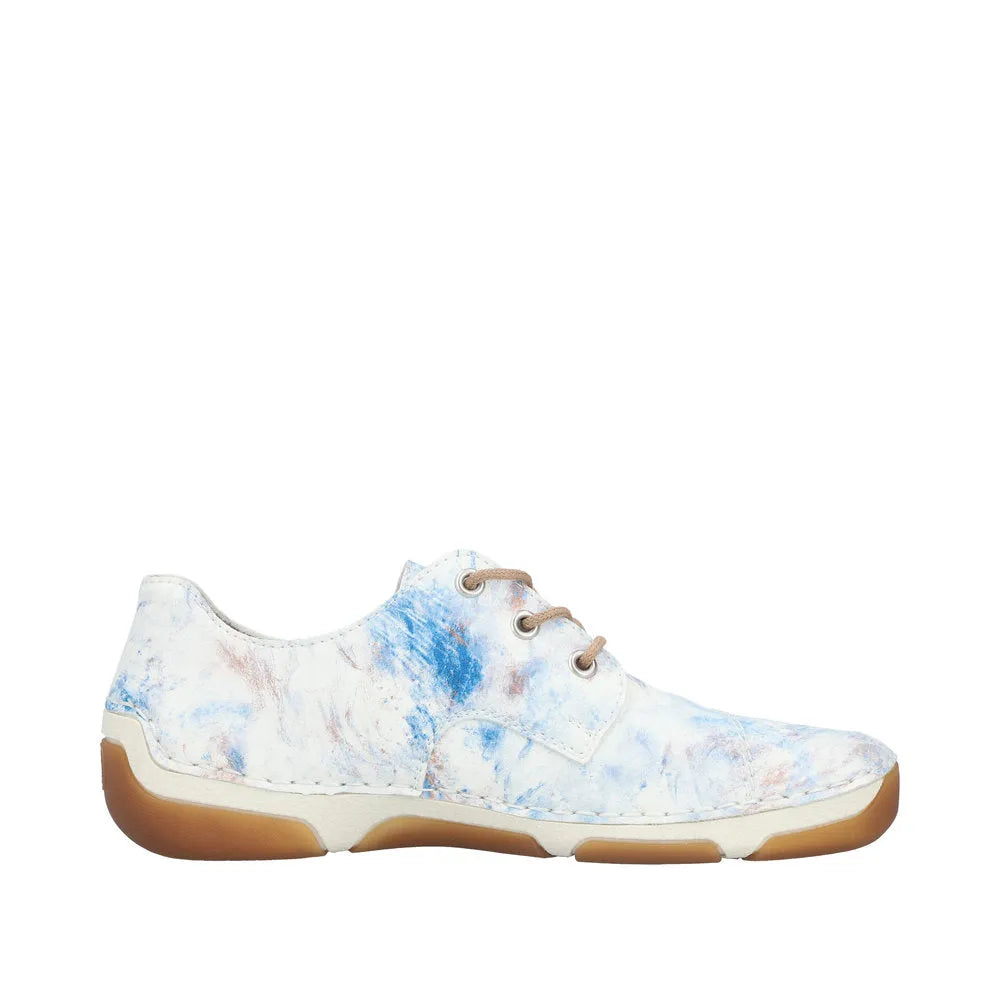 Rieker 55920-90 ladies blue multi canvas lace-up shoes with brown sole and beige laces.