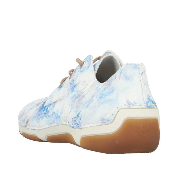 Rieker 55920-90 women's blue multi lace-up sneakers with abstract paint design and rubber sole.