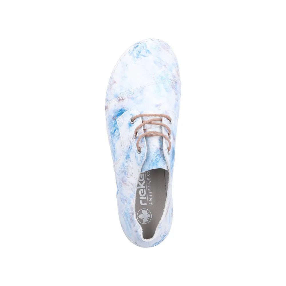 Rieker ladies blue multi lace-up shoes with comfortable design and stylish pattern, ideal for casual wear.