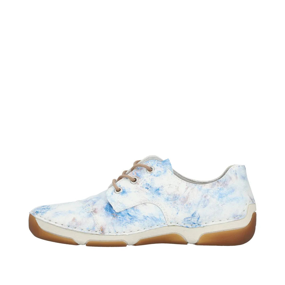 Rieker 55920-90 women's blue multi lace-up casual shoes with white and blue tie-dye pattern and gum sole.
