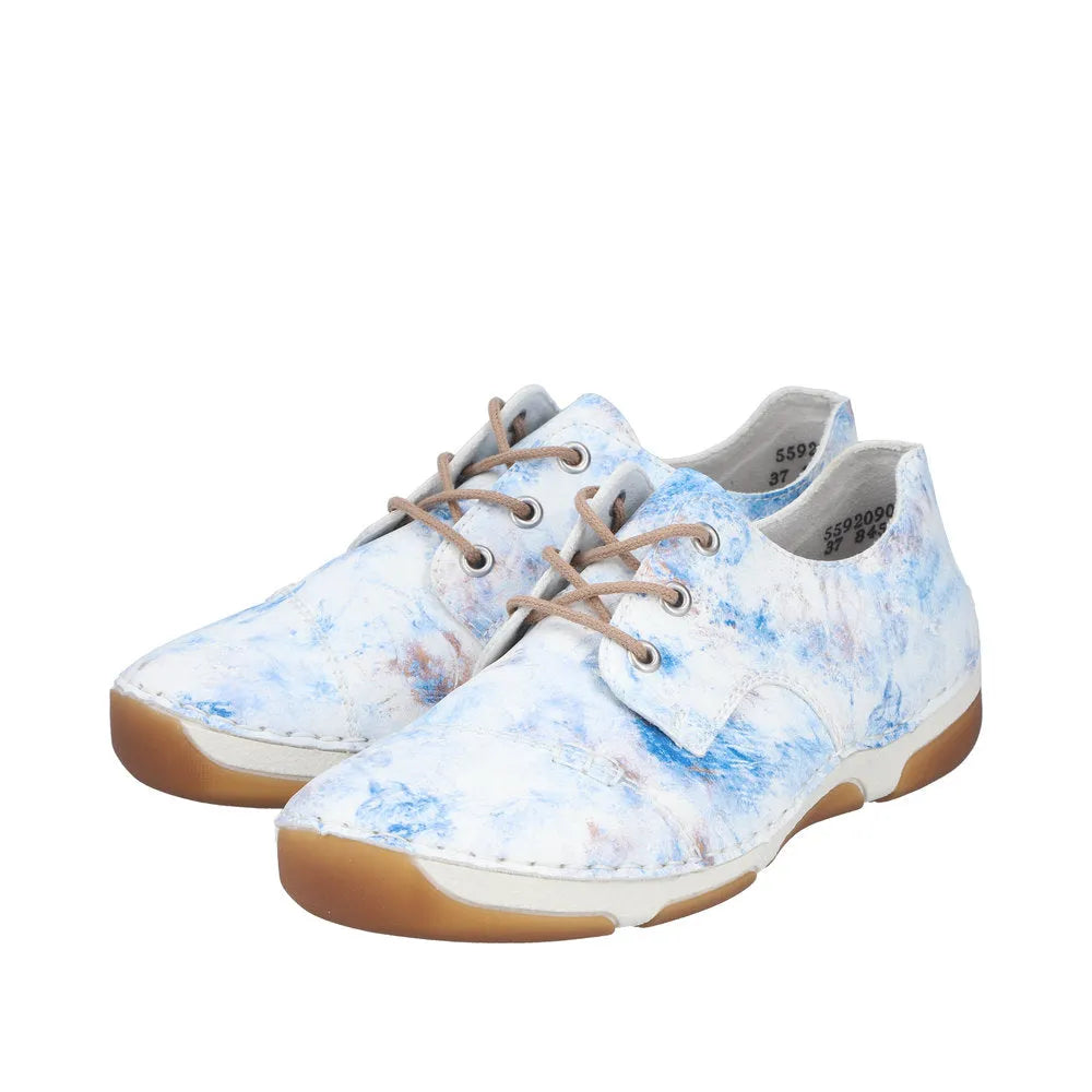 Rieker 55920-90 Ladies Blue Multi Cloth Lace-Up Shoes with beige laces and gum sole.