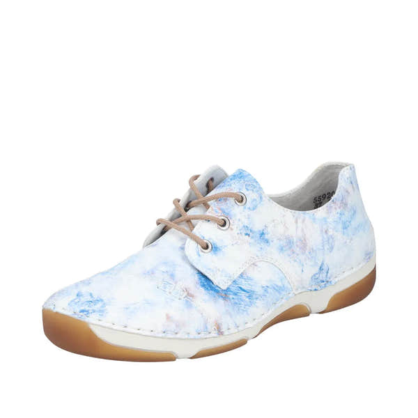 Rieker 55920-90 women's blue multi lace-up shoes with a casual design and brown sole.