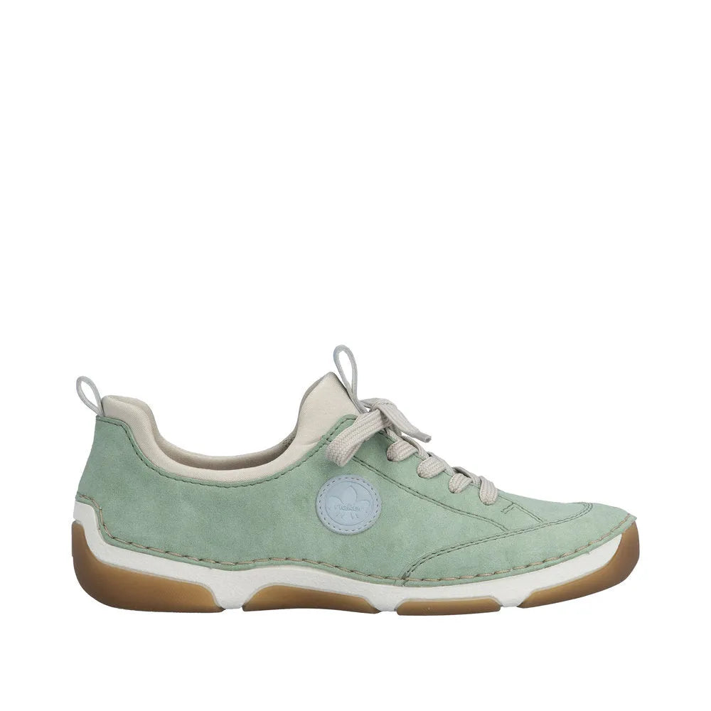 Mint green suede lace-up shoes with cream accents, cushioned collar, and gum rubber sole.