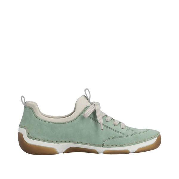 Mint green lace-up shoes with beige lining, white midsole, and tan rubber outsole, casual style for women.