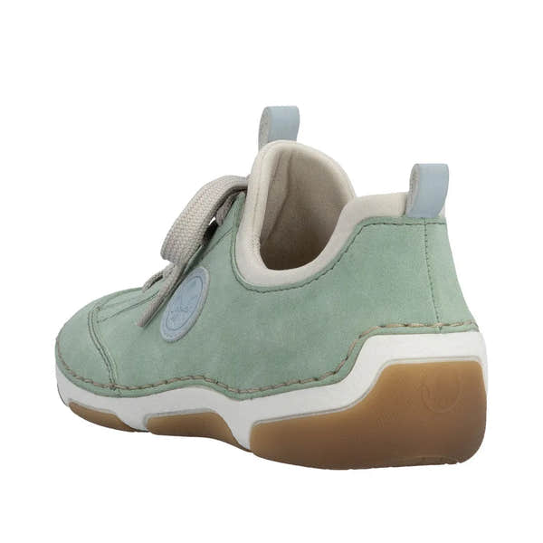 Mint green lace-up shoes with beige lining, white midsole, and gum rubber sole, featuring a small logo patch and pull tabs.