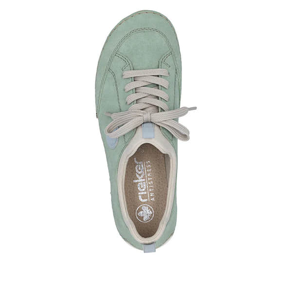 Mint green lace-up shoes with beige laces, rounded toe, and casual style, featuring Rieker 55950-52 branding.