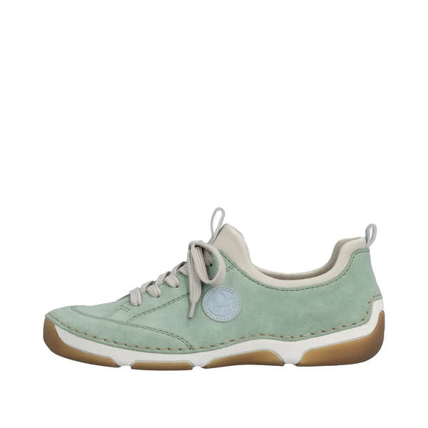 Rieker 55950-52 mint lace-up women's shoes with suede material, chunky sole, and beige accents.