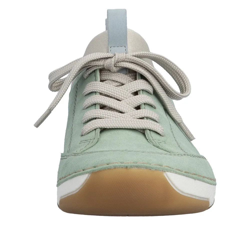 Mint green lace-up sneakers with beige laces, white accents, and a tan rubber sole displayed front view.