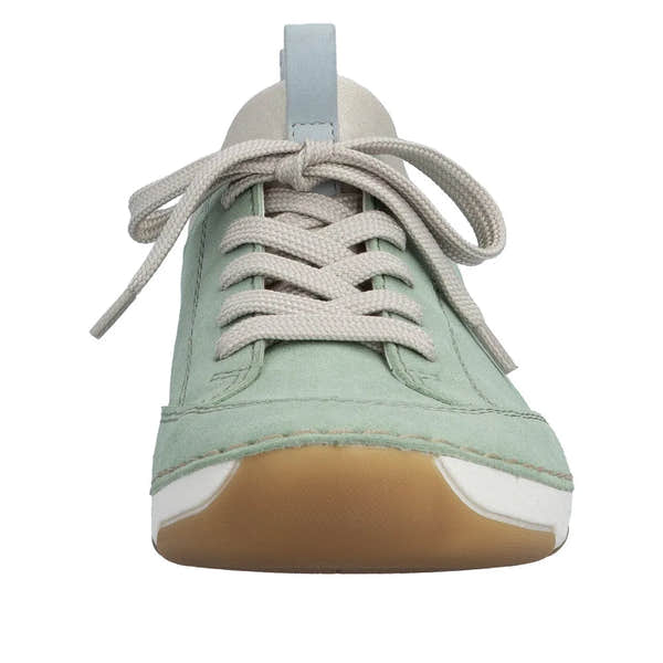 Mint green lace-up sneakers with beige laces, white accents, and a tan rubber sole displayed front view.