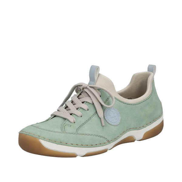 Mint green lace-up sneaker with beige accents, cushioned interior, and gum sole featuring stitching details.