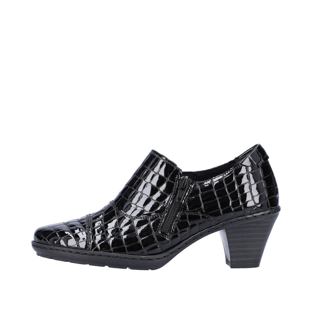 Rieker 57173-03 Ladies Black Patent Croc Leather Side Zip Heels-elevate your sole