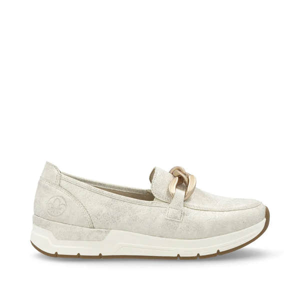 Rieker 58944-61 beige slip-on women's shoes with decorative front knot, cushioned sole, and casual slip-on design.