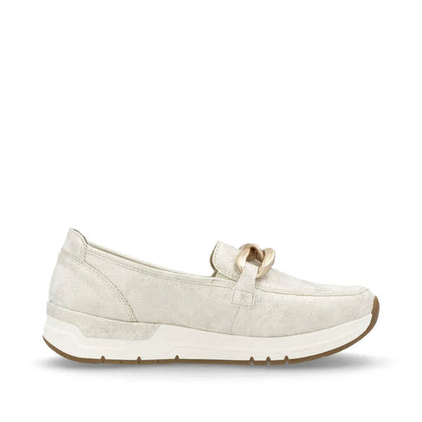 Rieker 58944-61 beige slip-on ladies shoes with decorative metallic chain detail and cushioned sole.