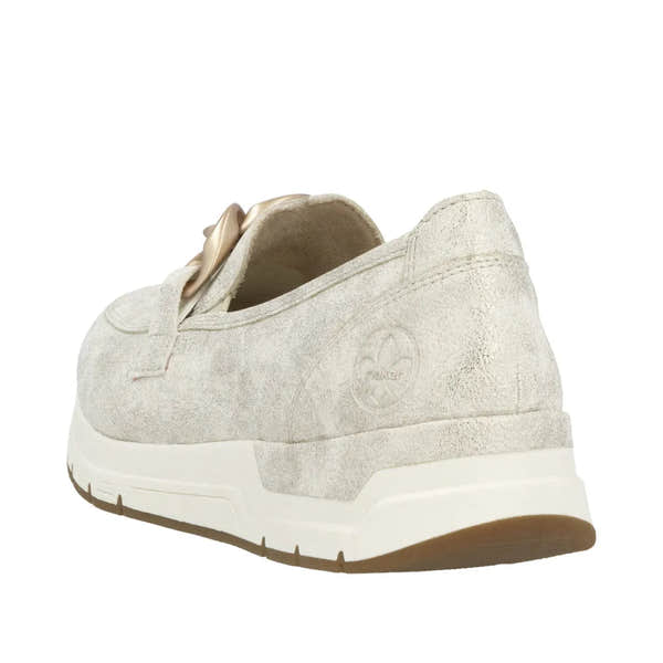 Rieker 58944-61 women's beige slip-on casual shoes with a cushioned sole and decorative bow detail.