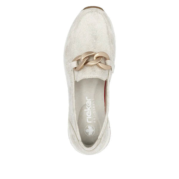 Rieker 58944-61 ladies beige slip-on shoes with chunky chain detail and cushioned insole for comfort.