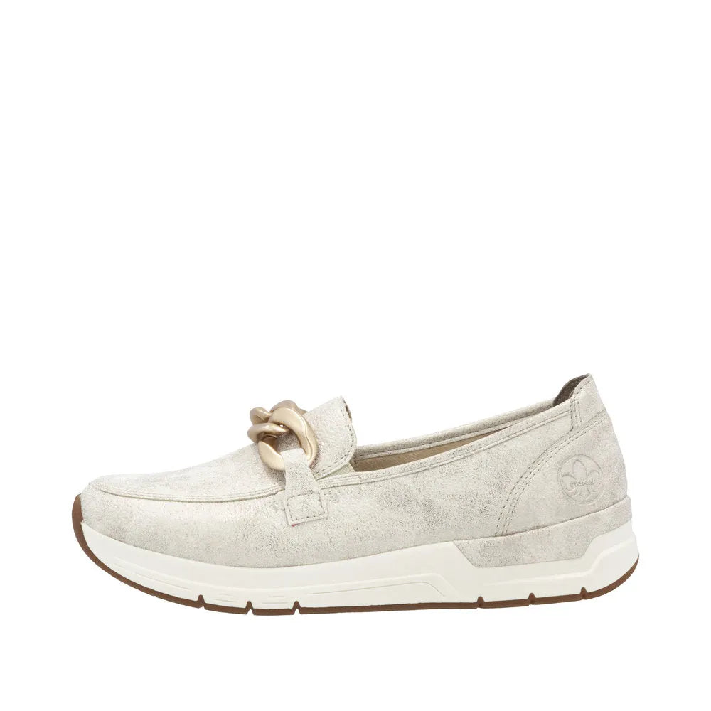 Rieker 58944-61 women's beige slip-on shoes with decorative front knot and comfortable sole.