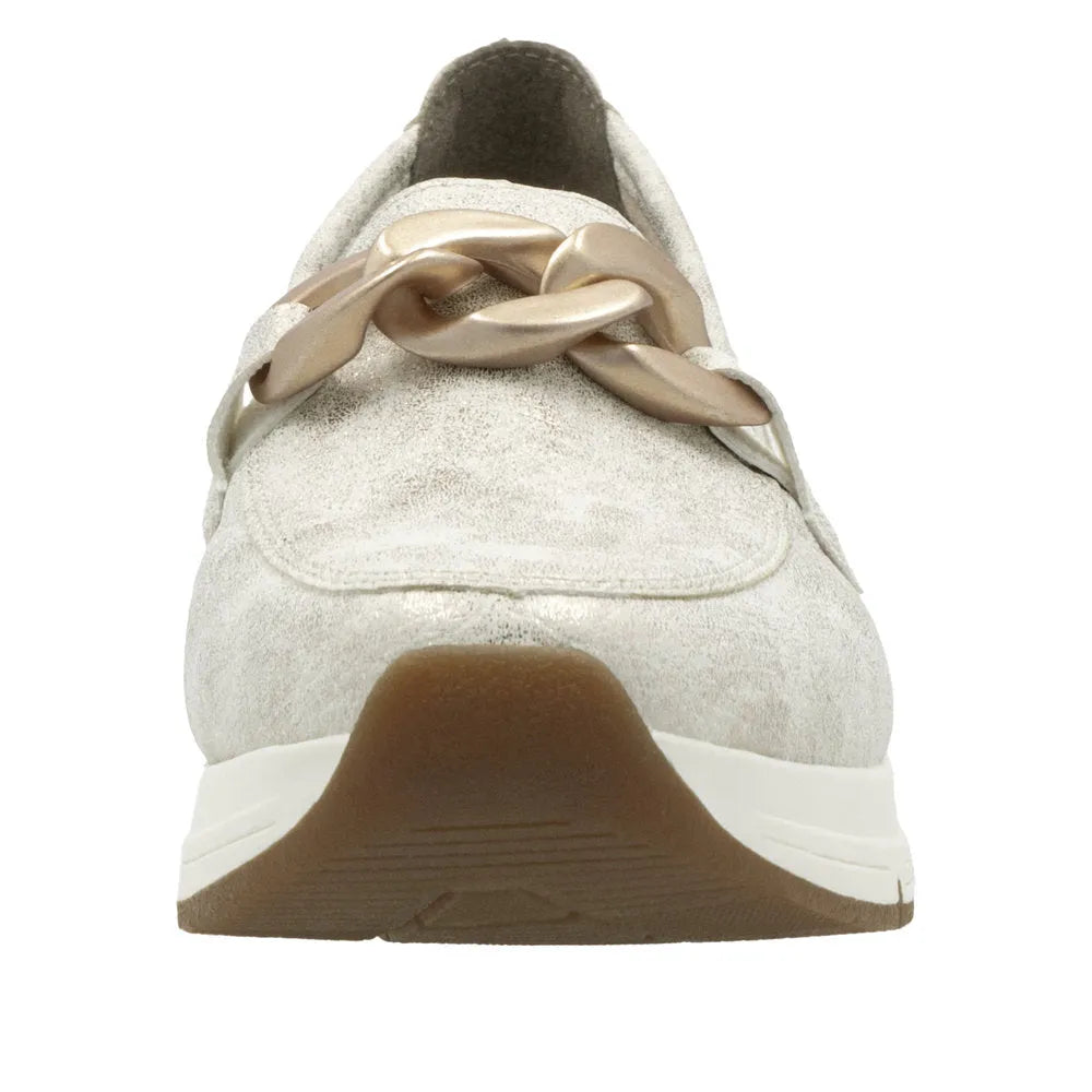 Rieker 58944-61 Ladies Beige Slip-On Sneakers with Chunky Chain Detail and Cushioned Sole