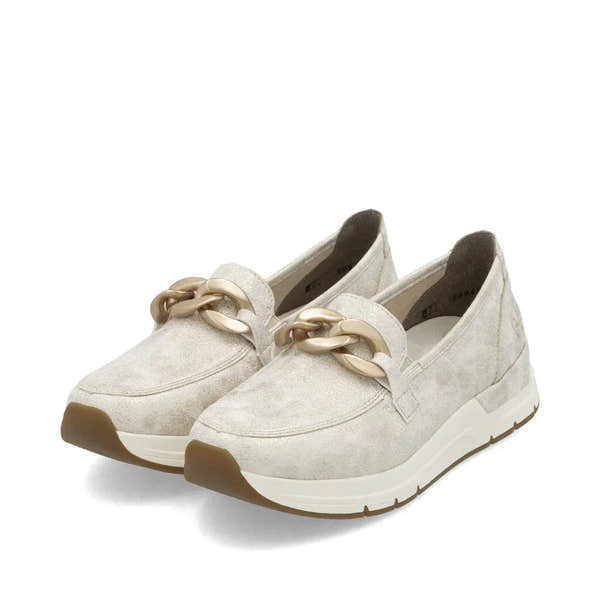 Rieker 58944-61 beige slip-on women's shoes with chunky chain detail, cushioned sole, and casual sporty design.