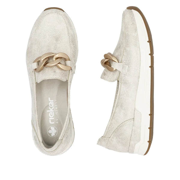 Rieker 58944-61 beige slip-on women's shoes with chain detail and comfortable sole.