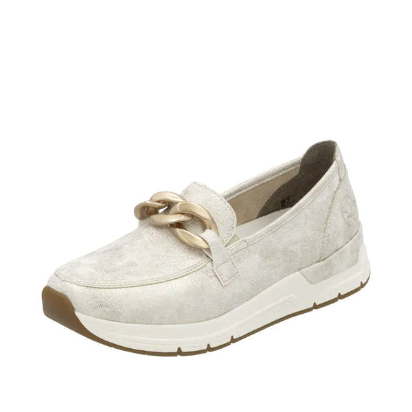 Rieker 58944-61 women’s beige slip-on casual shoes with chunky chain detail and cushioned sole.