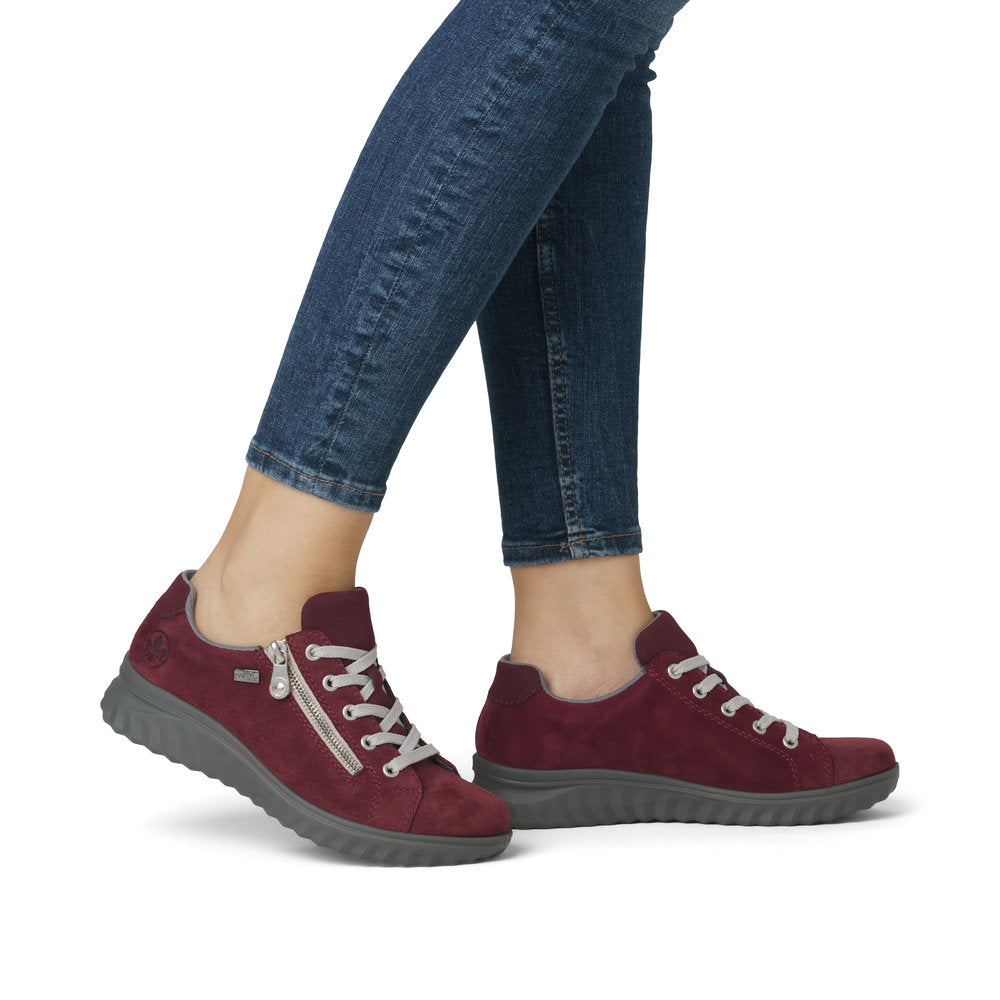 Rieker 59000-35 women's Bordeaux suede water-resistant side zip shoes with grey soles and lacing.