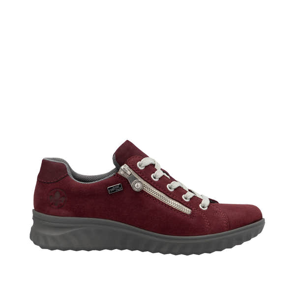 Rieker 59000-35 women's Bordeaux suede water-resistant athletic shoes with side zipper and white laces.