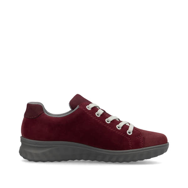 Rieker 59000-35 women's Bordeaux suede water-resistant side zip casual shoes with lace-up closure and cushioned sole.