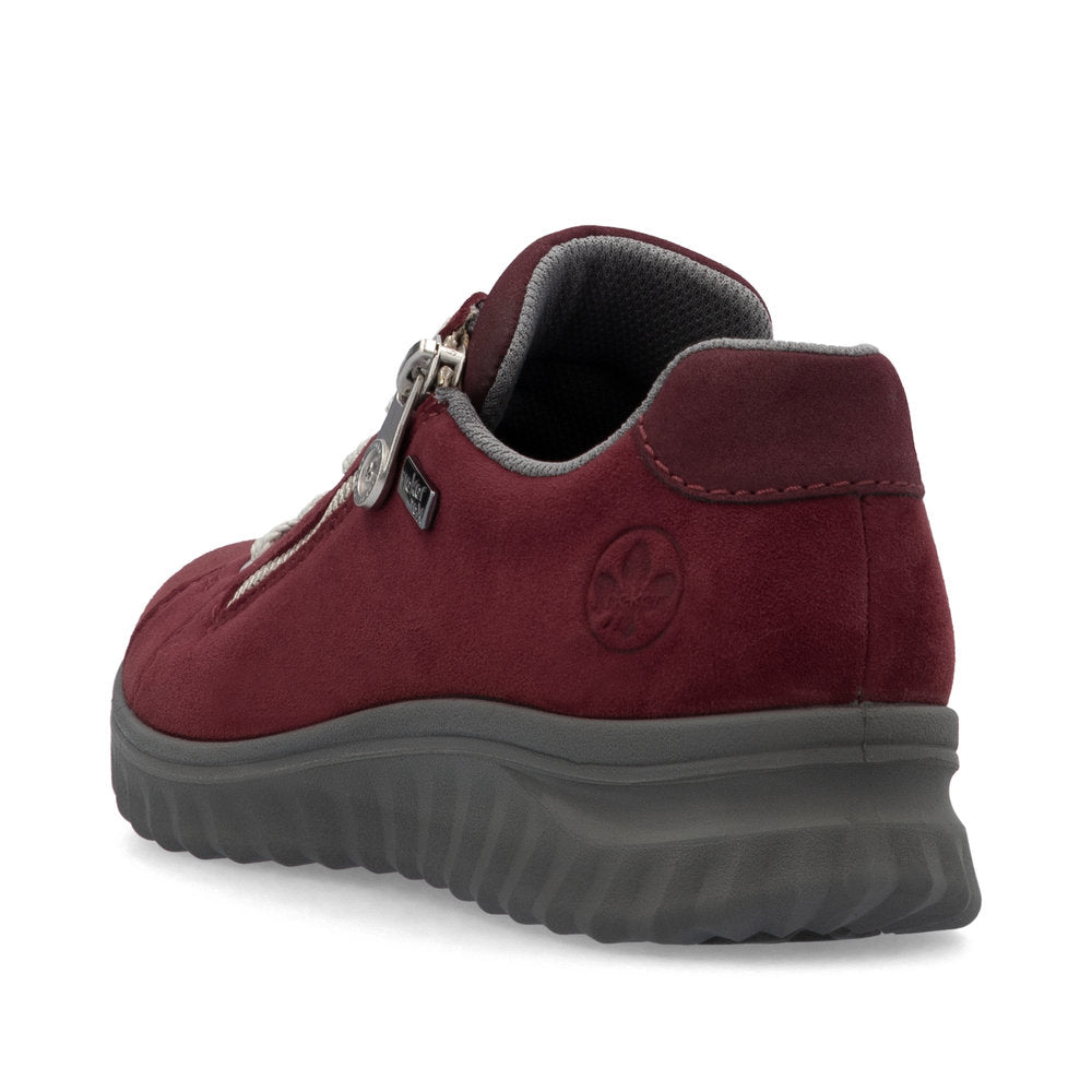 Rieker 59000-35 women's Bordeaux suede water-resistant zip shoes with cushioned interior and rugged sole.