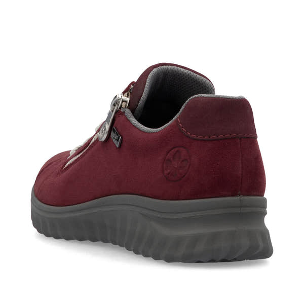 Rieker 59000-35 women's Bordeaux suede water-resistant zip shoes with cushioned interior and rugged sole.