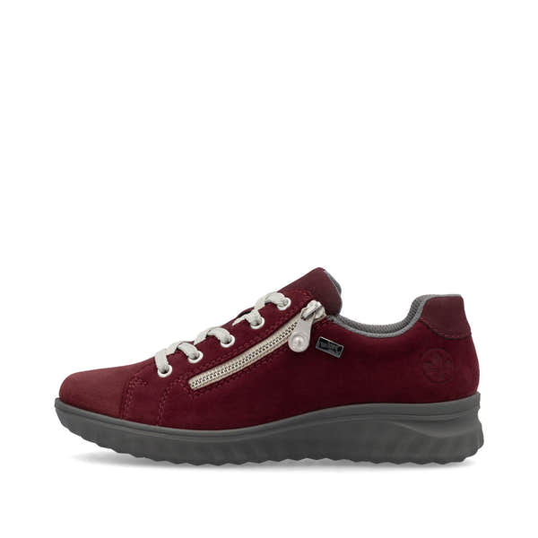 Rieker 59000-35 women's Bordeaux suede water-resistant side zip shoes with comfortable sole and stylish design.