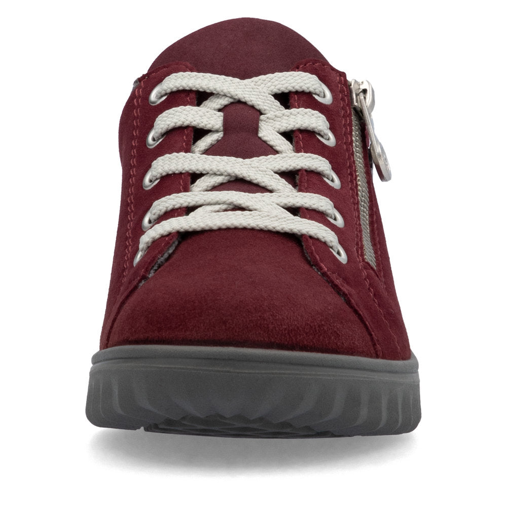Rieker 59000-35 women's Bordeaux suede water-resistant side zip shoes with lace-up front and cushioned sole.