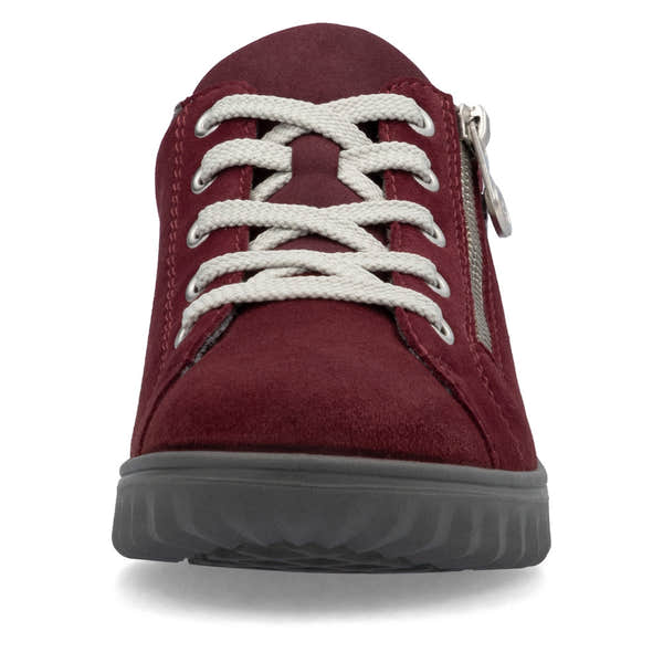Rieker 59000-35 women's Bordeaux suede water-resistant side zip shoes with lace-up front and cushioned sole.