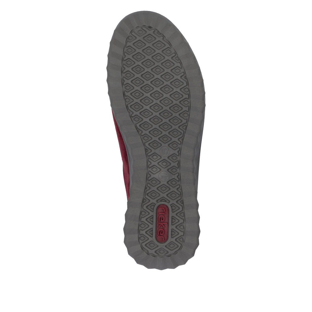 Rieker 59000-35 women's Bordeaux suede water-resistant side zip shoes with textured sole.