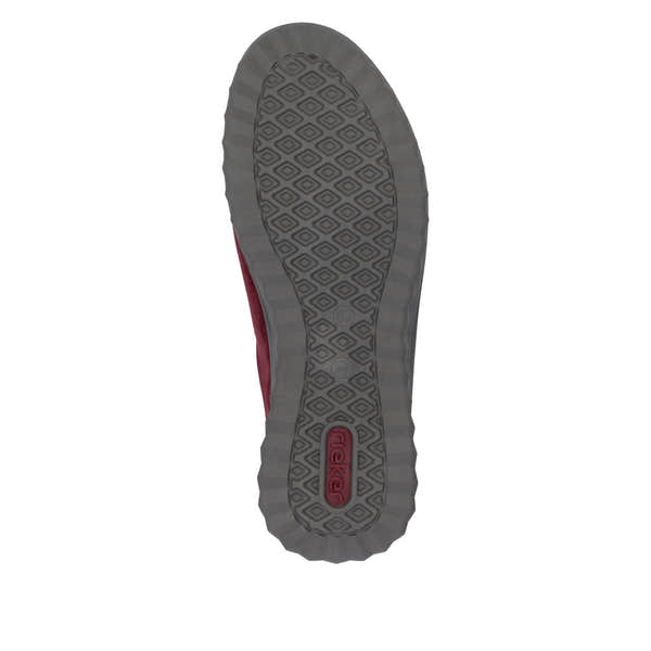 Rieker 59000-35 women's Bordeaux suede water-resistant side zip shoes with textured sole.