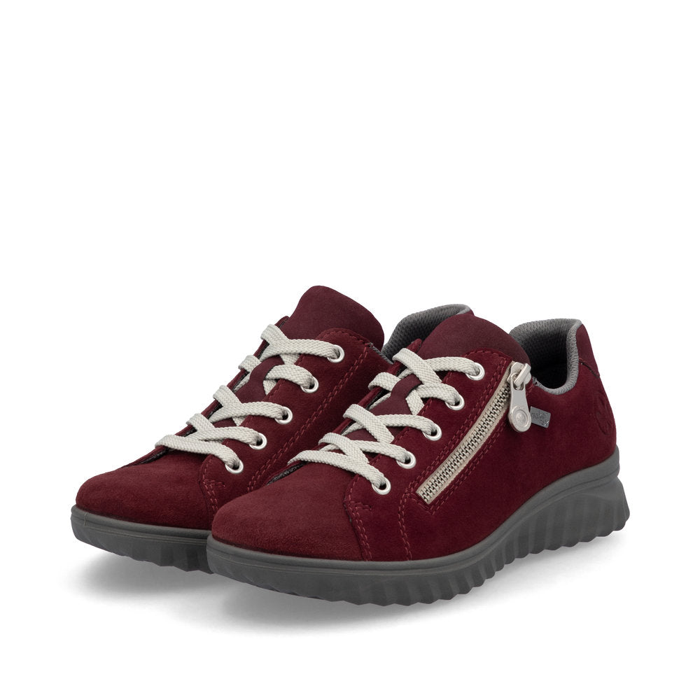 Rieker 59000-35 ladies Bordeaux suede water-resistant side zip shoes with lace-up closure and sporty black sole.