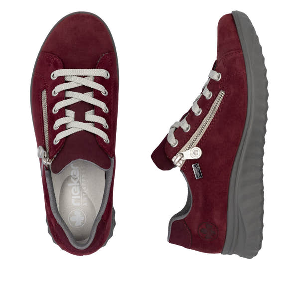 Rieker 59000-35 women's Bordeaux suede water-resistant side zip shoes with white laces and gray sole.