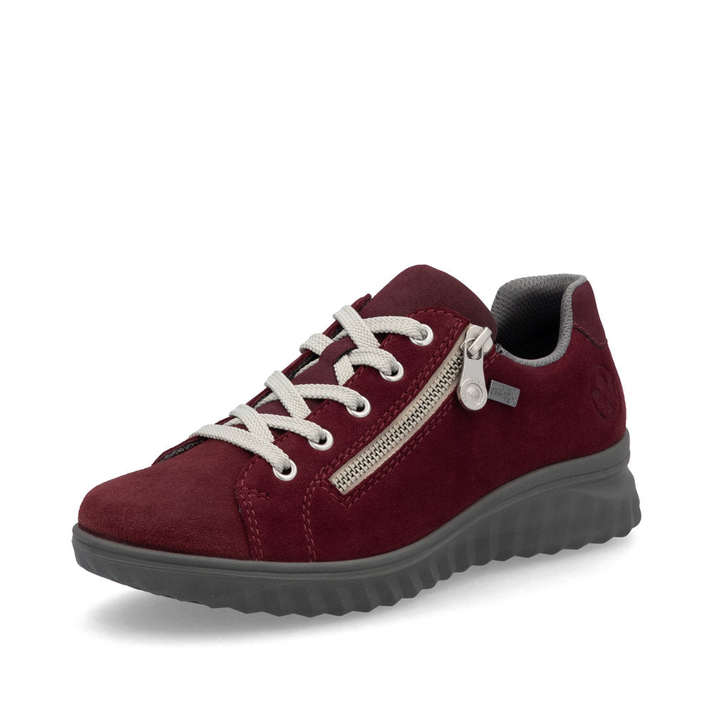 Rieker 59000-35 Bordeaux suede water-resistant women's side zip casual shoes with rubber sole.