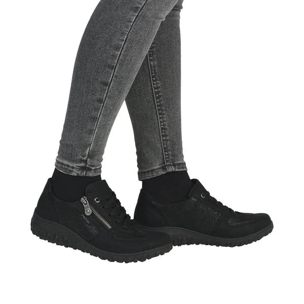 Rieker 59501-00 women's black zip and lace trainers with textured detailing and cushioned soles.