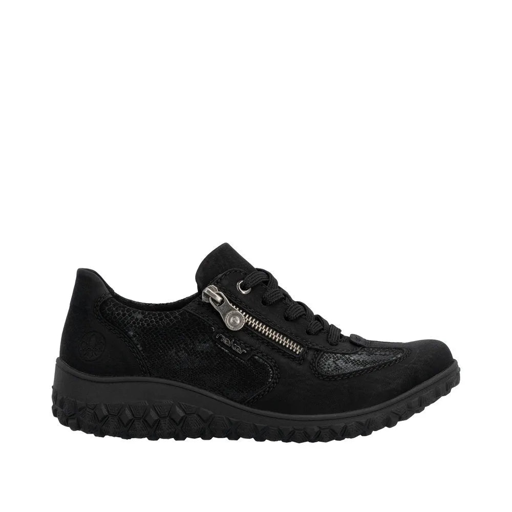 Rieker 59501-00 women's black trainers with zip and lace-up closure, textured design, and durable rubber sole.