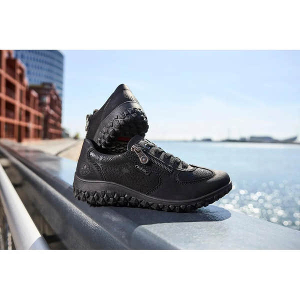 Rieker 59501-00 women's black trainers with lace and zip, sporty outdoor shoes, rugged sole, stylish design.